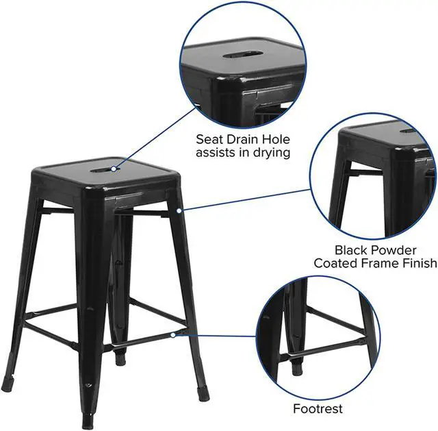 Alt view image 11 of 20 - 24'' High Backless Black Metal Indoor-Outdoor Counter Height Stool with Square Seat