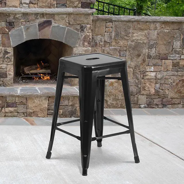 Alt view image 9 of 20 - 24'' High Backless Black Metal Indoor-Outdoor Counter Height Stool with Square Seat