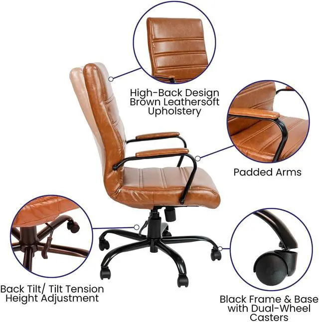 Alt view image 13 of 20 - High Back Brown LeatherSoft Executive Swivel Office Chair with Black Frame and Arms