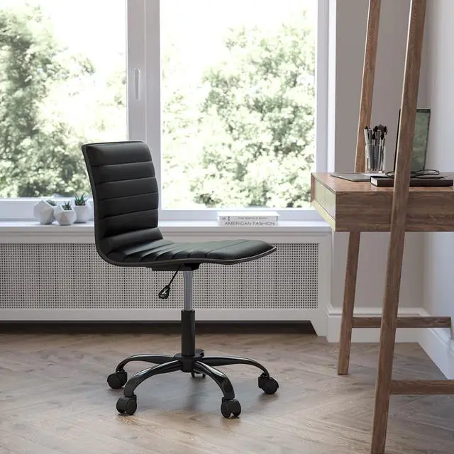 Alt view image 9 of 20 - Low Back Designer Armless Black Ribbed Swivel Task Office Chair with Black Frame and Base