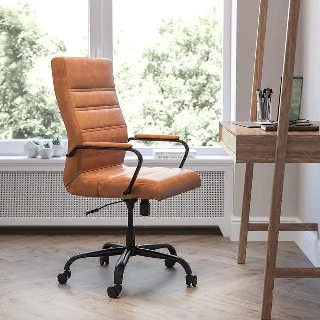 Alt view image 9 of 20 - High Back Brown LeatherSoft Executive Swivel Office Chair with Black Frame and Arms