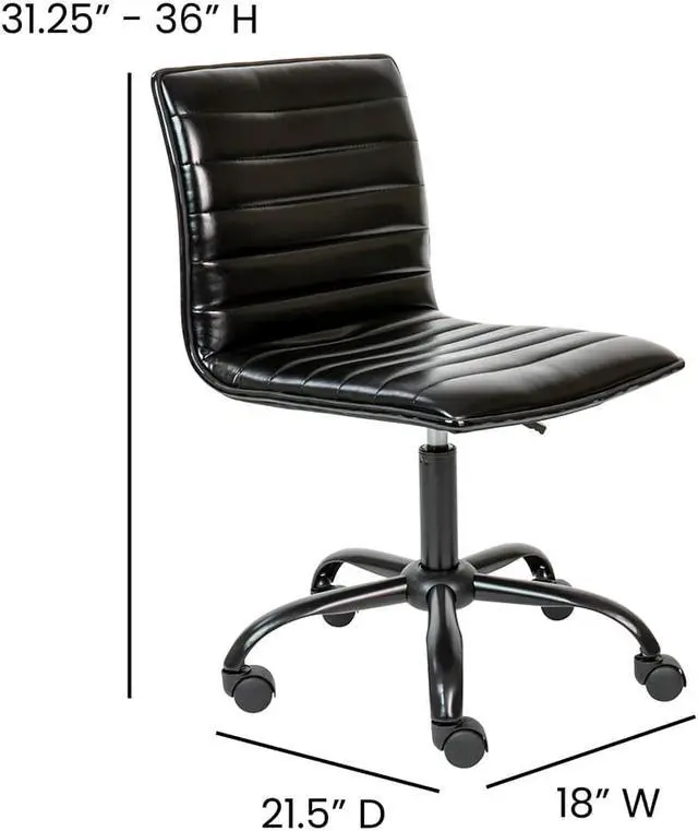 Alt view image 14 of 20 - Low Back Designer Armless Black Ribbed Swivel Task Office Chair with Black Frame and Base