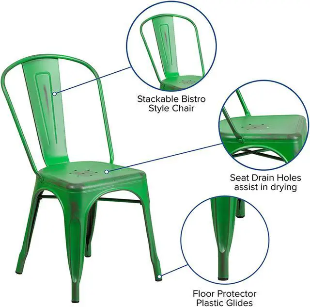 Alt view image 19 of 20 - Commercial Grade Distressed Green Metal Indoor-Outdoor Stackable Chair