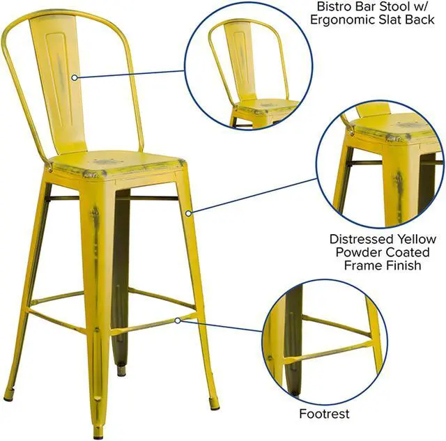 Alt view image 12 of 20 - Commercial Grade 30" High Distressed Yellow Metal Indoor-Outdoor Barstool with Back