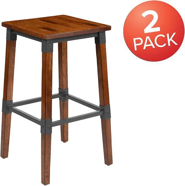 Alt view image 10 of 20 - 2 Pack Rustic Antique Walnut Industrial Wood Dining Backless Barstool
