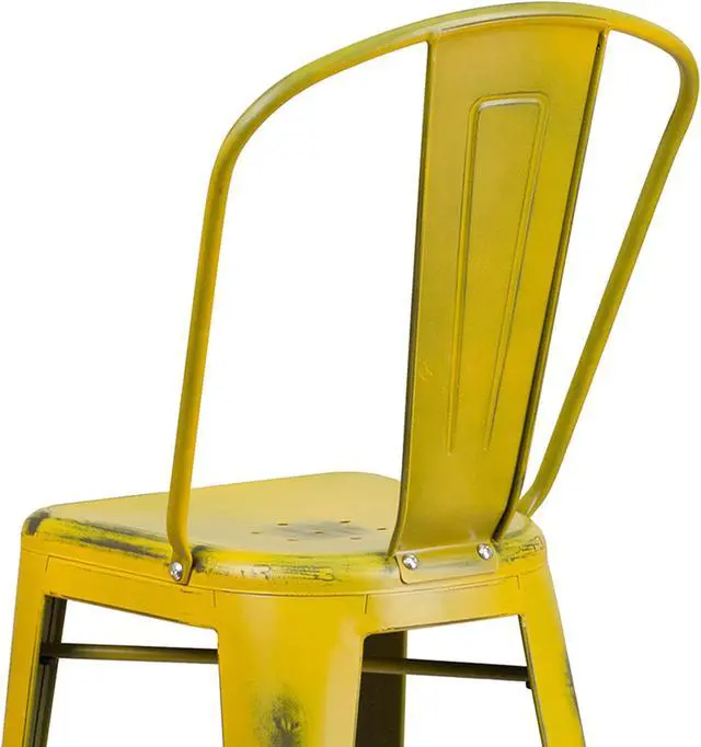 Alt view image 14 of 20 - Commercial Grade 30" High Distressed Yellow Metal Indoor-Outdoor Barstool with Back