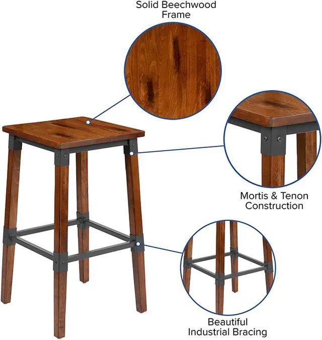 Alt view image 12 of 20 - 2 Pack Rustic Antique Walnut Industrial Wood Dining Backless Barstool