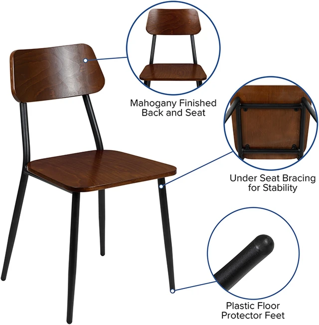 Alt view image 12 of 20 - Stackable Industrial Dining Chair with Gunmetal Steel Frame and Rustic Wood Seat, Set of 2