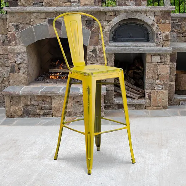 Alt view image 9 of 20 - Commercial Grade 30" High Distressed Yellow Metal Indoor-Outdoor Barstool with Back