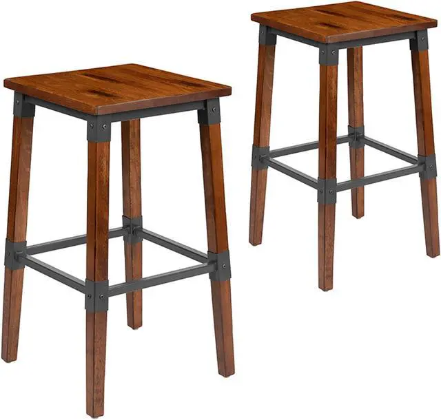 Alt view image 8 of 20 - 2 Pack Rustic Antique Walnut Industrial Wood Dining Backless Barstool