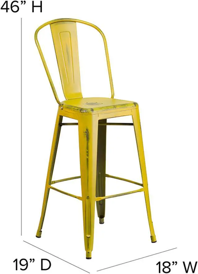 Alt view image 13 of 20 - Commercial Grade 30" High Distressed Yellow Metal Indoor-Outdoor Barstool with Back