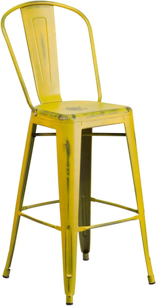 Alt view image 8 of 20 - Commercial Grade 30" High Distressed Yellow Metal Indoor-Outdoor Barstool with Back