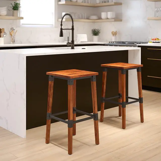 Alt view image 9 of 20 - 2 Pack Rustic Antique Walnut Industrial Wood Dining Backless Barstool