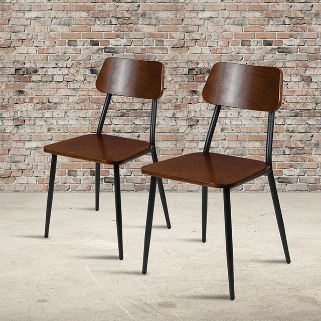 Alt view image 9 of 20 - Stackable Industrial Dining Chair with Gunmetal Steel Frame and Rustic Wood Seat, Set of 2