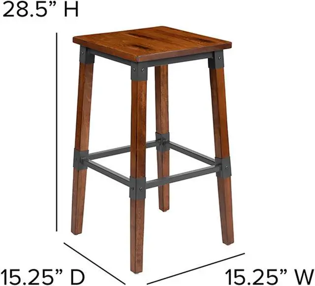 Alt view image 13 of 20 - 2 Pack Rustic Antique Walnut Industrial Wood Dining Backless Barstool