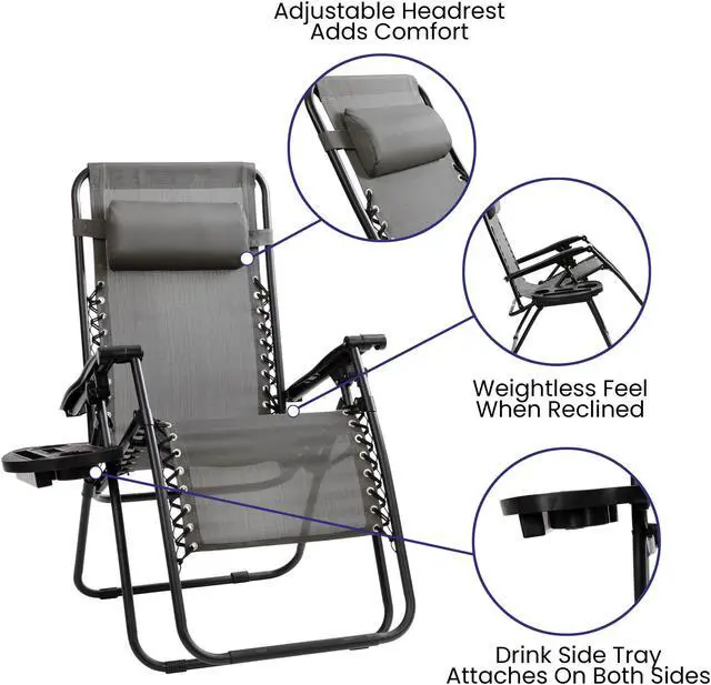 Alt view image 12 of 20 - Flash Furniture Celestial Folding Reclining Lounge Chair with Pillow and Cup Holder Tray Gray 2/Pack (2GM103122SSGR)