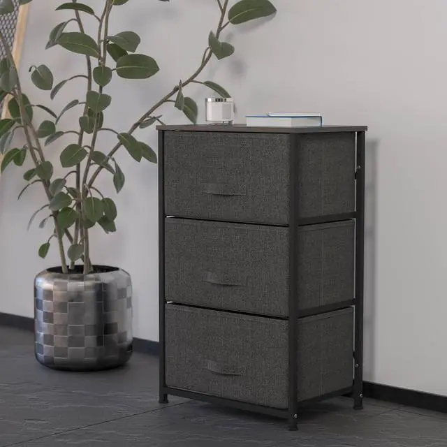 Alt view image 14 of 20 - 3 Drawer Wood Top Black Cast Iron Frame Vertical Storage Dresser with Dark Gray Easy Pull Fabric Drawers