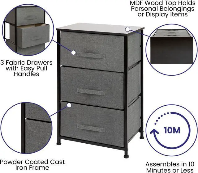 Alt view image 16 of 20 - 3 Drawer Wood Top Black Cast Iron Frame Vertical Storage Dresser with Dark Gray Easy Pull Fabric Drawers