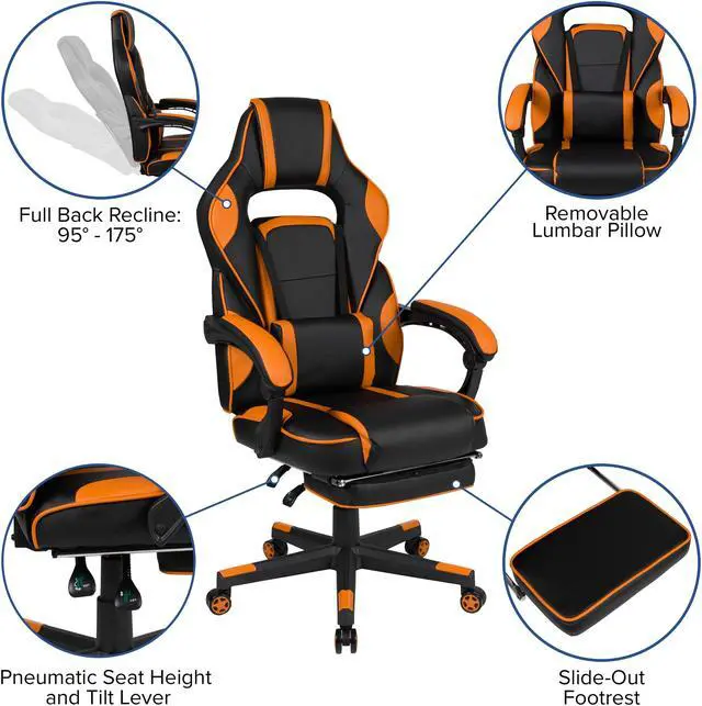 Alt view image 17 of 20 - Flash Furniture X40 Ergonomic LeatherSoft Swivel Gaming Massaging Chair Black/Orange (CH00288OR)