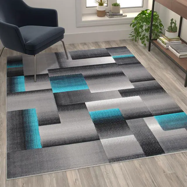 Alt view image 7 of 20 - Elio Collection 5' x 7' Turquoise Color Blocked Area Rug - Olefin Rug with Jute Backing - Entryway, Living Room, or Bedroom