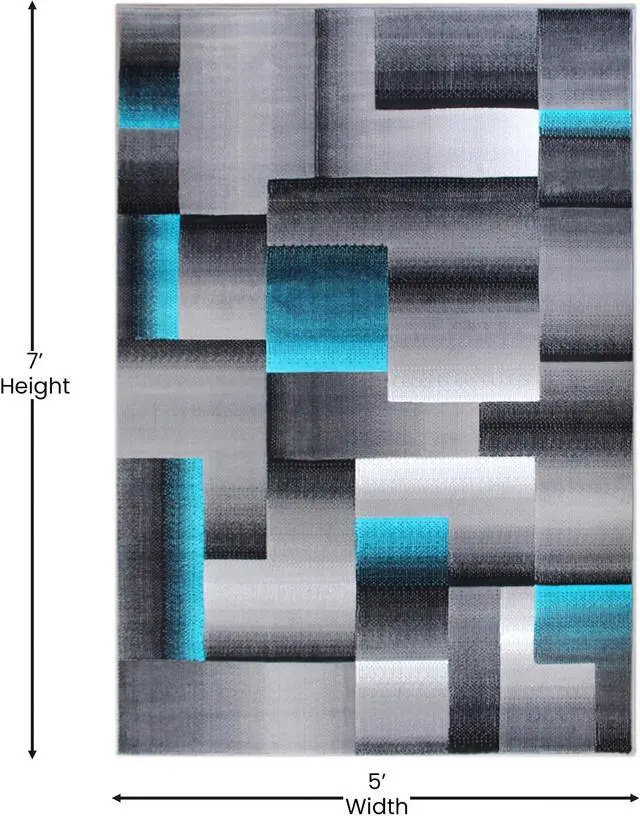 Alt view image 9 of 20 - Elio Collection 5' x 7' Turquoise Color Blocked Area Rug - Olefin Rug with Jute Backing - Entryway, Living Room, or Bedroom