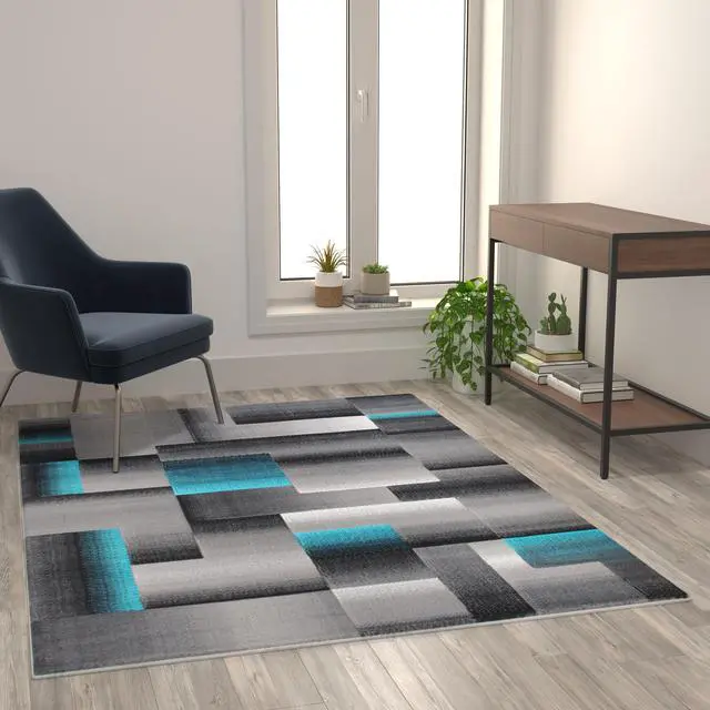 Alt view image 10 of 20 - Elio Collection 5' x 7' Turquoise Color Blocked Area Rug - Olefin Rug with Jute Backing - Entryway, Living Room, or Bedroom