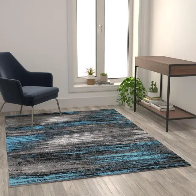Alt view image 10 of 19 - Rylan Collection 5' x 7' Blue Scraped Design Area Rug - Olefin Rug with Jute Backing - Living Room, Bedroom, Entryway