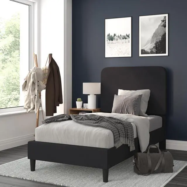 Alt view image 7 of 19 - Addison Charcoal Twin Fabric Upholstered Platform Bed - Headboard with Rounded Edges - No Box Spring or Foundation Needed
