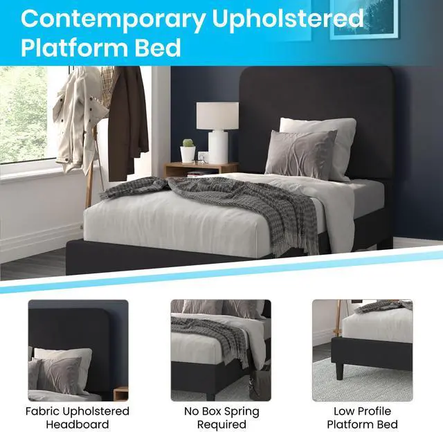 Alt view image 9 of 19 - Addison Charcoal Twin Fabric Upholstered Platform Bed - Headboard with Rounded Edges - No Box Spring or Foundation Needed