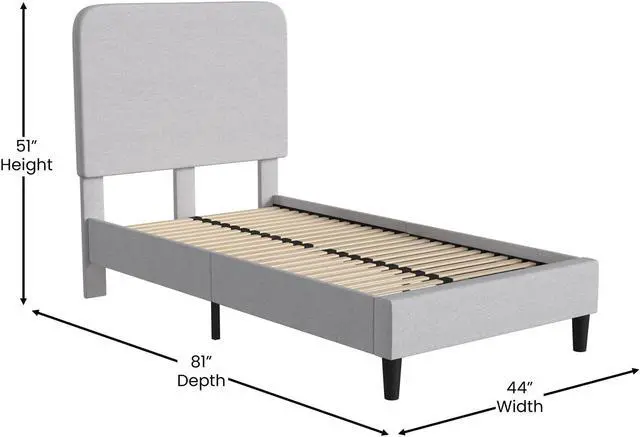 Alt view image 10 of 19 - Addison Light Grey Twin Fabric Upholstered Platform Bed - Headboard with Rounded Edges - No Box Spring or Foundation Needed