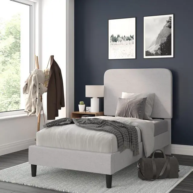 Alt view image 7 of 19 - Addison Light Grey Twin Fabric Upholstered Platform Bed - Headboard with Rounded Edges - No Box Spring or Foundation Needed