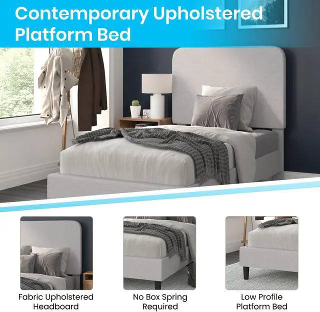 Alt view image 9 of 19 - Addison Light Grey Twin Fabric Upholstered Platform Bed - Headboard with Rounded Edges - No Box Spring or Foundation Needed