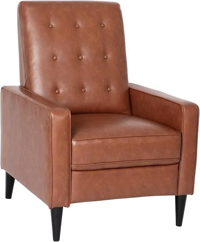 Alt view image 6 of 20 - Ezra Mid-Century Modern LeatherSoft Upholstered Button Tufted Pushback Recliner in Cognac Brown for Residential & Commercial Use