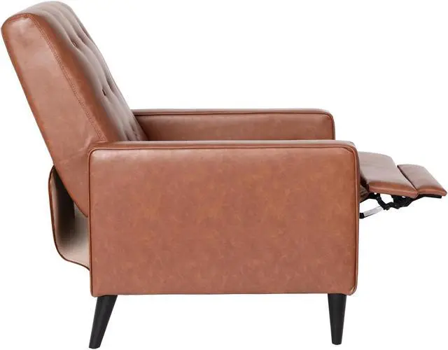 Alt view image 12 of 20 - Ezra Mid-Century Modern LeatherSoft Upholstered Button Tufted Pushback Recliner in Cognac Brown for Residential & Commercial Use