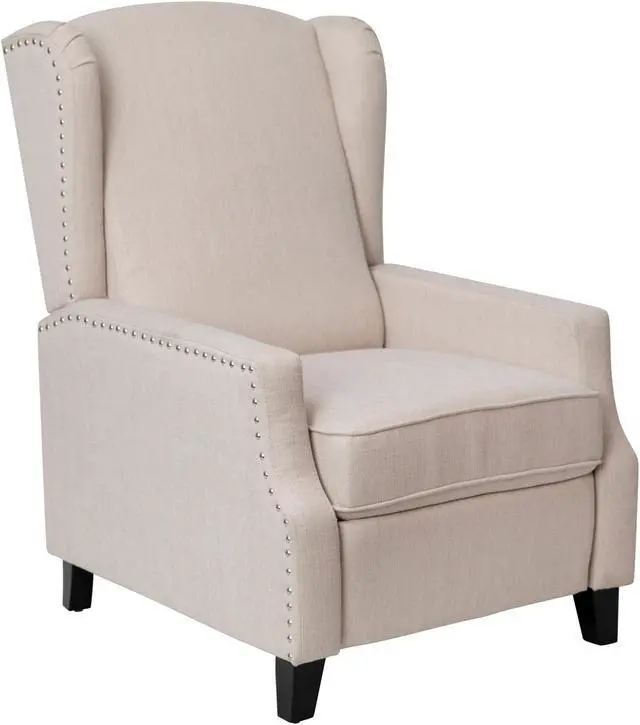 Alt view image 6 of 20 - Prescott Traditional Style Slim Push Back Recliner Chair-Wingback Recliner with Cream Fabric Upholstery-Accent Nail Trim