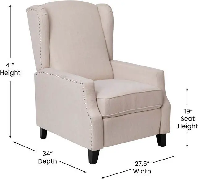 Alt view image 10 of 20 - Prescott Traditional Style Slim Push Back Recliner Chair-Wingback Recliner with Cream Fabric Upholstery-Accent Nail Trim