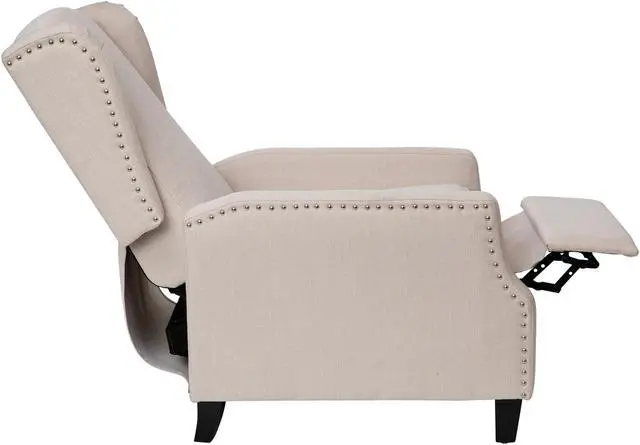 Alt view image 12 of 20 - Prescott Traditional Style Slim Push Back Recliner Chair-Wingback Recliner with Cream Fabric Upholstery-Accent Nail Trim