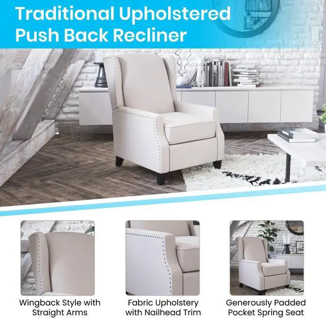 Alt view image 9 of 20 - Prescott Traditional Style Slim Push Back Recliner Chair-Wingback Recliner with Cream Fabric Upholstery-Accent Nail Trim