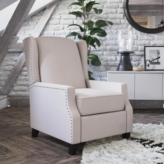 Alt view image 7 of 20 - Prescott Traditional Style Slim Push Back Recliner Chair-Wingback Recliner with Cream Fabric Upholstery-Accent Nail Trim