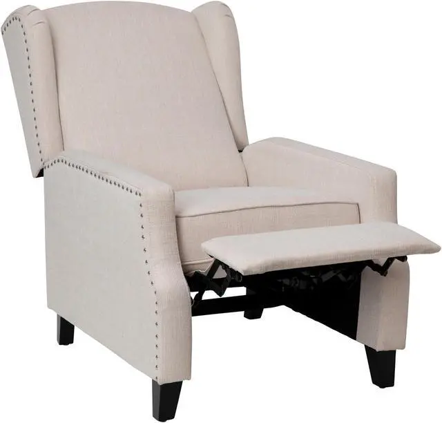 Alt view image 11 of 20 - Prescott Traditional Style Slim Push Back Recliner Chair-Wingback Recliner with Cream Fabric Upholstery-Accent Nail Trim