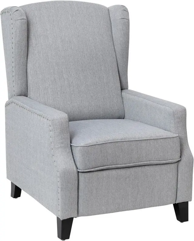 Alt view image 6 of 20 - Prescott Traditional Style Slim Push Back Recliner Chair-Wingback Recliner with Gray Polyester Fabric Upholstery-Accent Nail Trim
