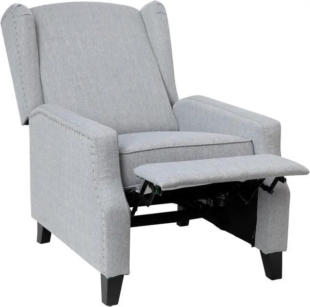 Alt view image 11 of 20 - Prescott Traditional Style Slim Push Back Recliner Chair-Wingback Recliner with Gray Polyester Fabric Upholstery-Accent Nail Trim