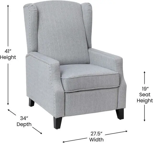Alt view image 10 of 20 - Prescott Traditional Style Slim Push Back Recliner Chair-Wingback Recliner with Gray Polyester Fabric Upholstery-Accent Nail Trim