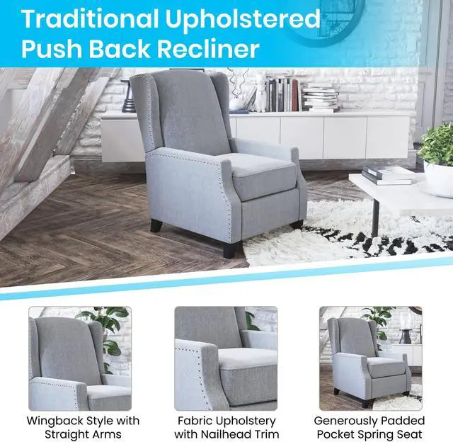 Alt view image 9 of 20 - Prescott Traditional Style Slim Push Back Recliner Chair-Wingback Recliner with Gray Polyester Fabric Upholstery-Accent Nail Trim