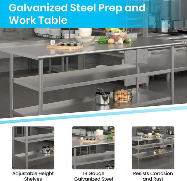 Alt view image 3 of 19 - Stainless Steel 18 Gauge Work Table with 1.5" Backsplash and 2 Undershelves - 72"W x 30"D x 34.5"H, NSF