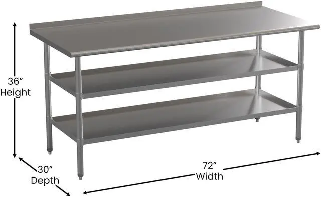 Alt view image 5 of 19 - Stainless Steel 18 Gauge Work Table with 1.5" Backsplash and 2 Undershelves - 72"W x 30"D x 34.5"H, NSF