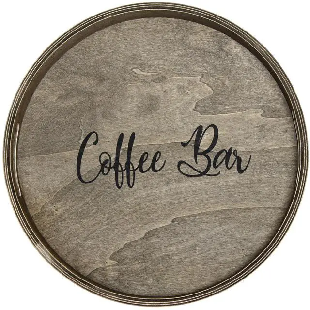 Alt view image 7 of 20 - Elegant Designs Decorative 13.75" Round Wood Serving Tray w/ Handles, "Coffee Bar"