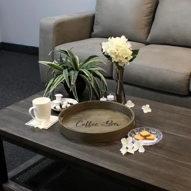 Alt view image 12 of 20 - Elegant Designs Decorative 13.75" Round Wood Serving Tray w/ Handles, "Coffee Bar"