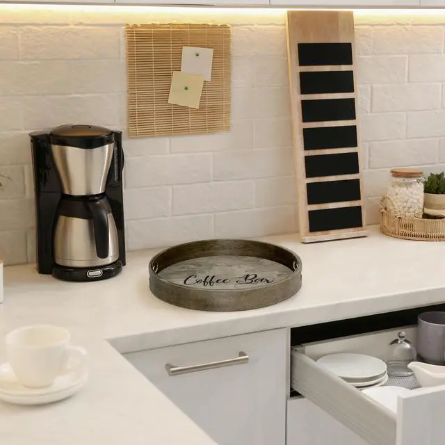 Alt view image 13 of 20 - Elegant Designs Decorative 13.75" Round Wood Serving Tray w/ Handles, "Coffee Bar"