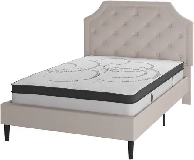 Main image of Brighton Full Size Tufted Upholstered Platform Bed in Beige Fabric with 10 Inch CertiPUR-US Certified Pocket Spring Mattress